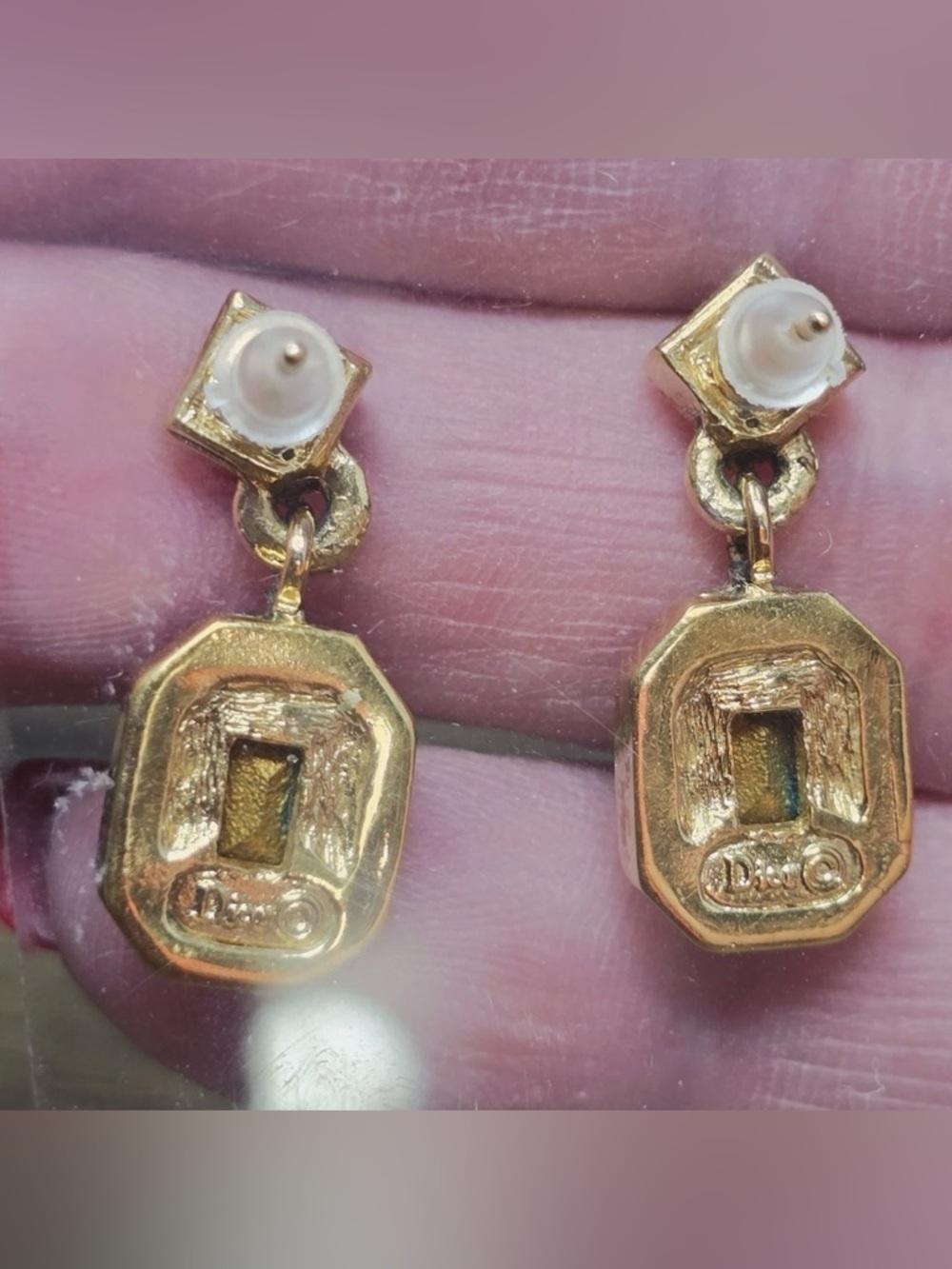 Authentic Vintage Dior Mini Rectangular Orange Dangle 14k Gold Post Earrings - Picture 5 of 5